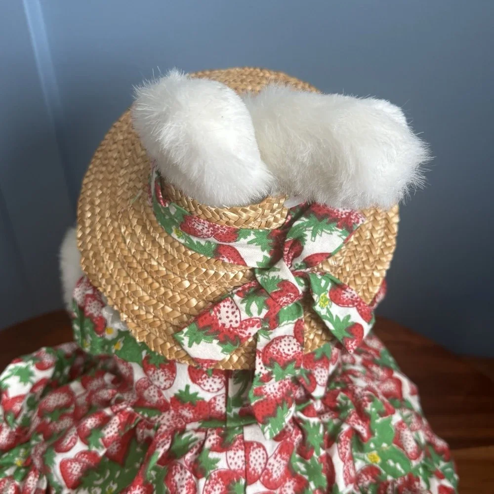 Vintage 1994 Hosung Bunny Rabbit Hand Puppet Plush Strawberry Dress Straw Hat